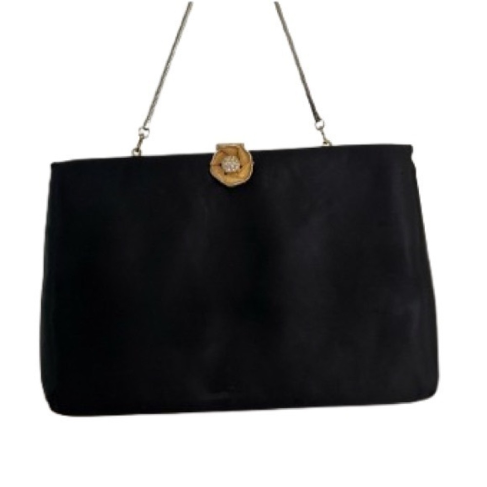 Vintage 1950s Ingber Black Satin Evening Bag w/ Rhinestone Rose Clasp